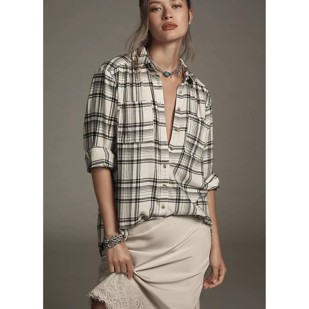 Women's Anthropologie Plaid Button Down Shirt Plus Size 14 White Black
